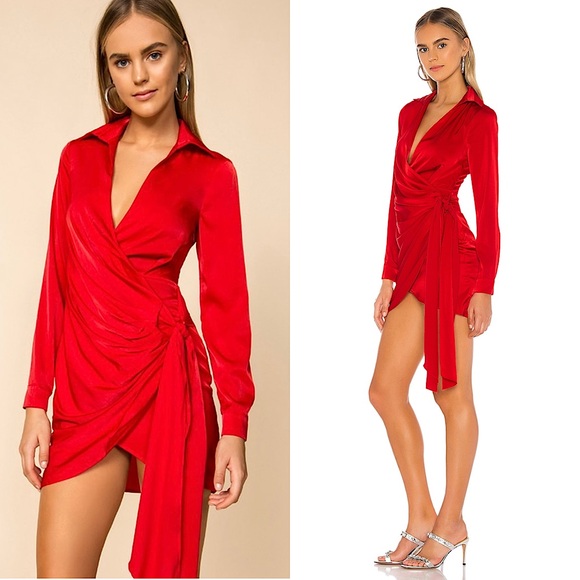 NWT REVOLVE SUPERDOWN Satin Long Sleeve Ruched Tie Waist Collared Wrap Dress XS - Picture 1 of 6